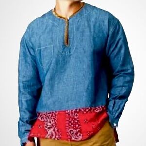 Casual Blue  Long Sleeve  With Border Tunic Unique Indigo Bandana Design Sz  L